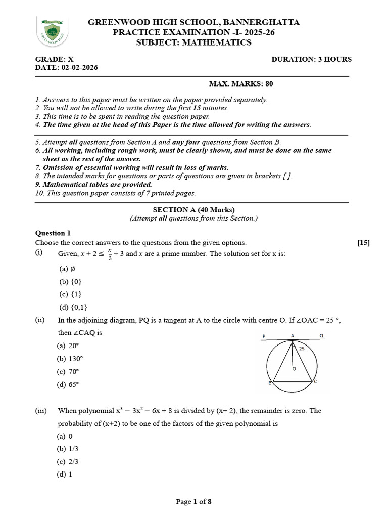 Grade 10 - Mathematics - Practice Exam QP - 2025-26 | PDF | Circle ...
