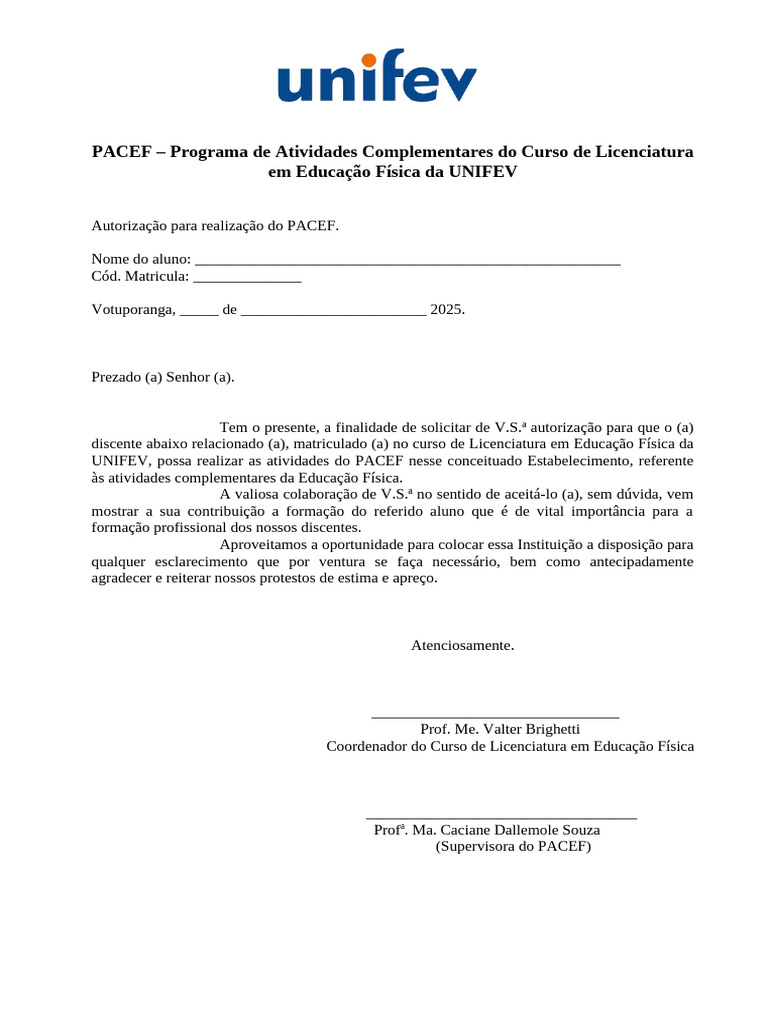 Autorização Do PACEF - Licenciatura 5 | PDF
