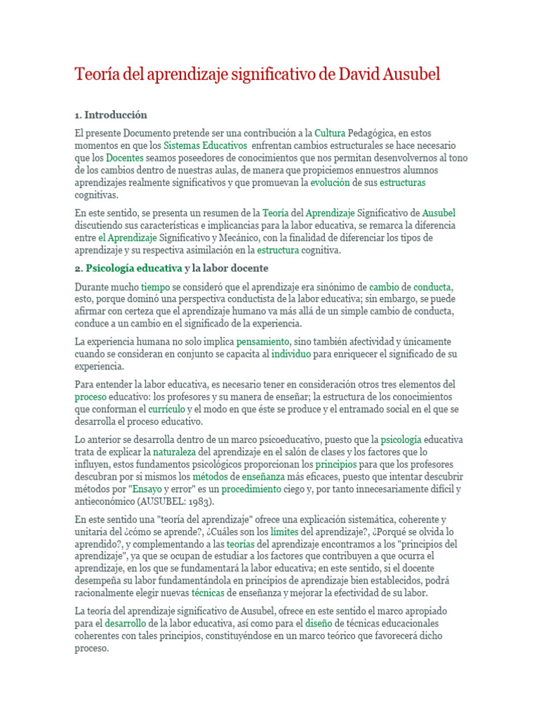 Lectura 5. Teoria Del Aprendizaje Significativo de David Ausubel | PDF ...