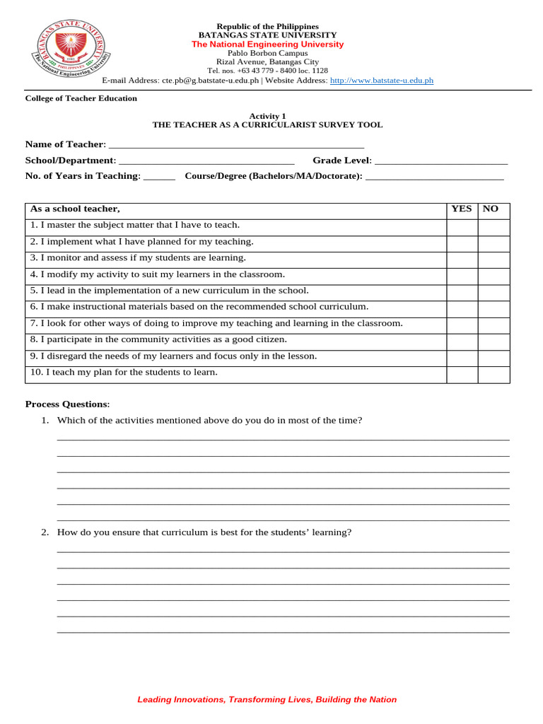Activity 1 The Teacher As A Curricularist Survey Tool | PDF | Teachers ...