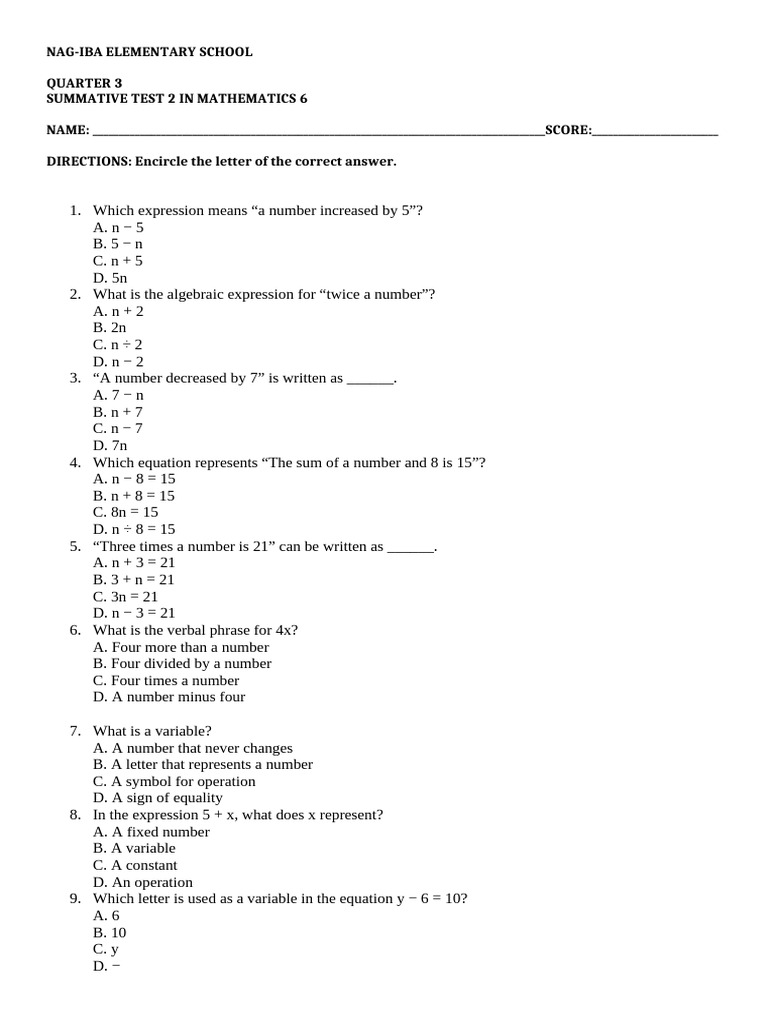 Summative Test 2 q3 Math 6 | PDF | Variable (Mathematics) | Numbers