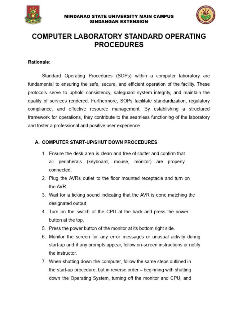 Computer Laboratory Standard Operating Procedures | PDF | Laboratories ...