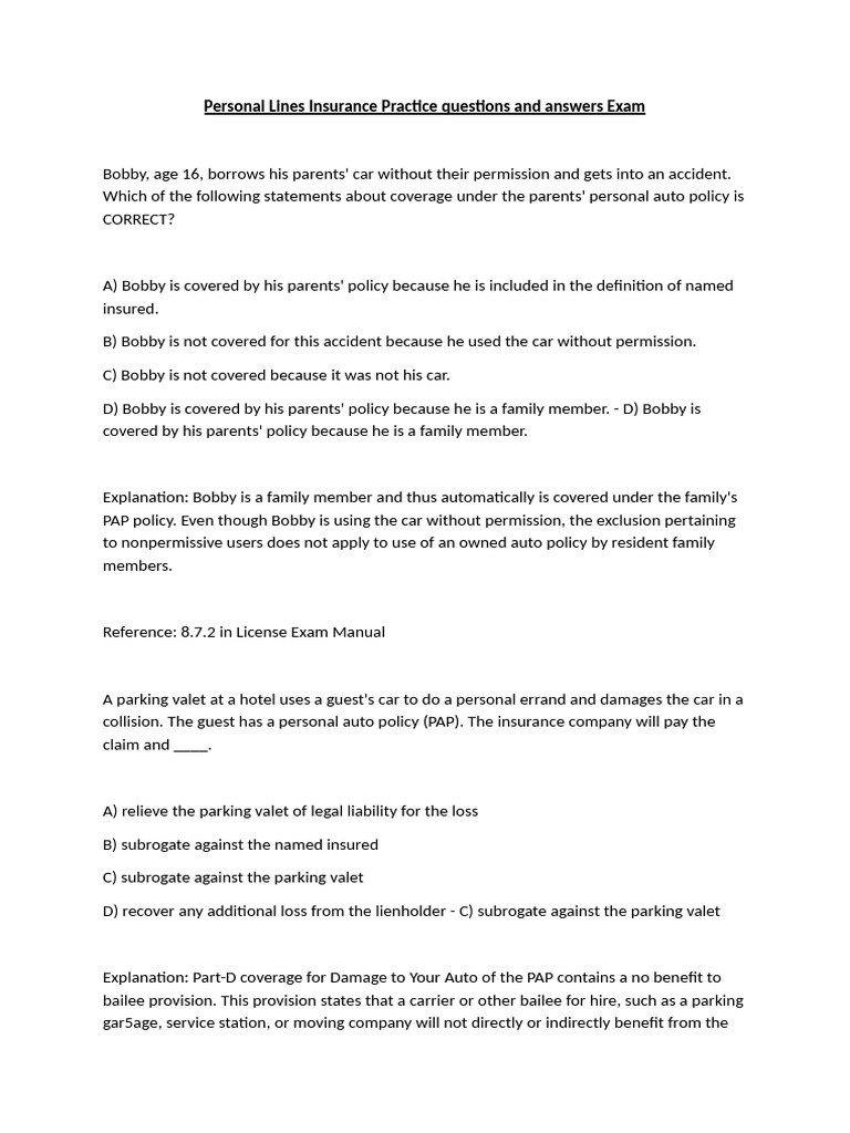 Personal Lines Insurance Practice Questions and Answers Exam | PDF ...