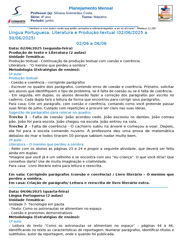 Plano de Língua Portuguesa, Literatura e Produção de Texto - 4º Ano ...