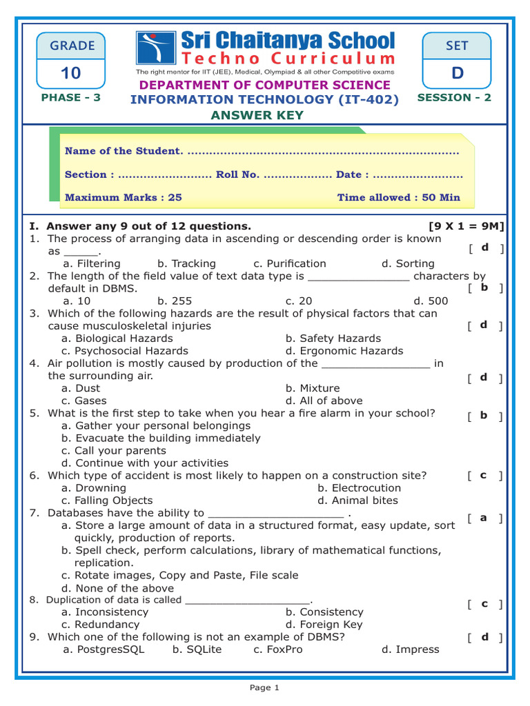 Grade 10 IT Phase 3 Session 2 Set D Key | PDF | Fire Safety