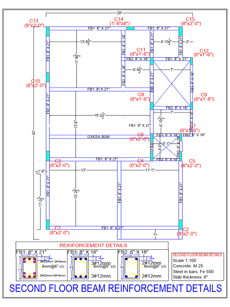 Second Floor Beam Layout and Reinforcement Details | PDF | Concrete ...