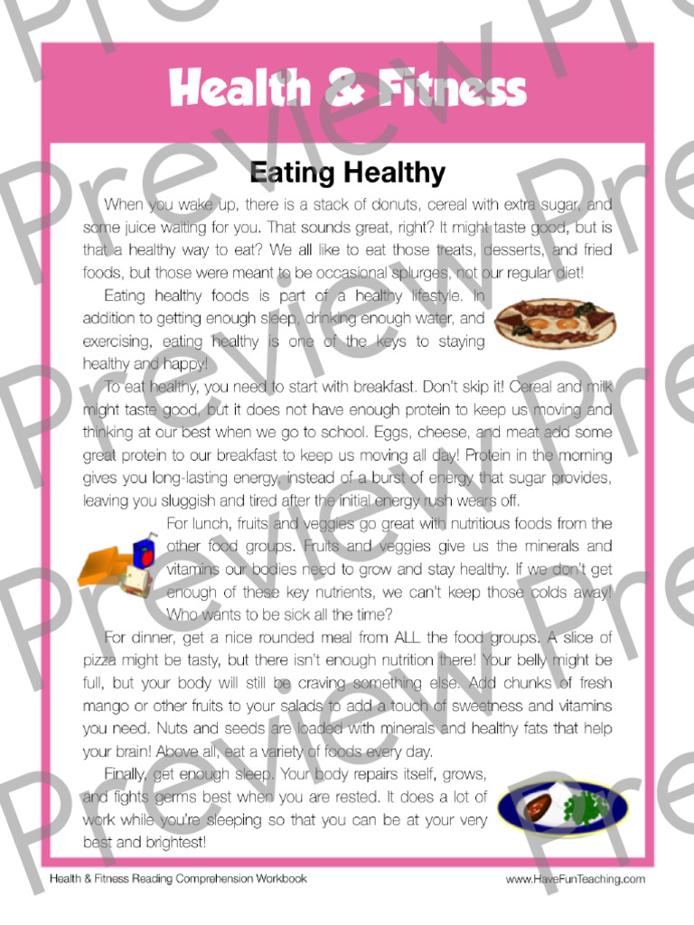 Eating Healthy Health and Fitness Reading Comprehension Worksheet ...