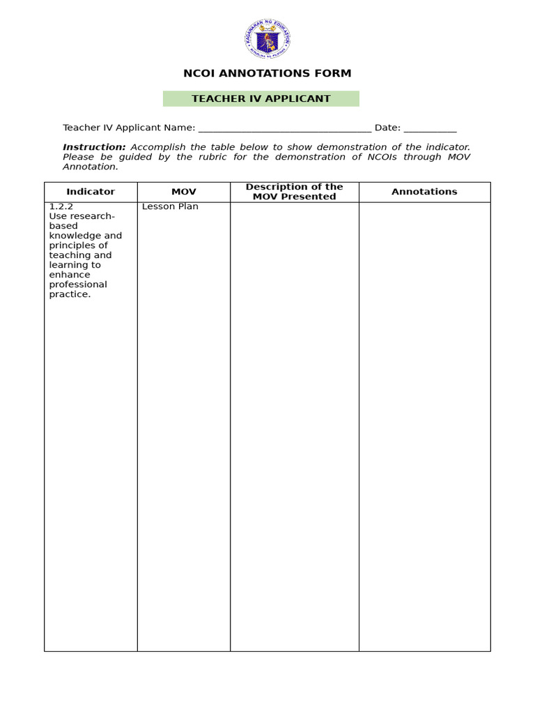 NCOI Annotations Form For Teacher IV Applicant | PDF | Teachers | Learning