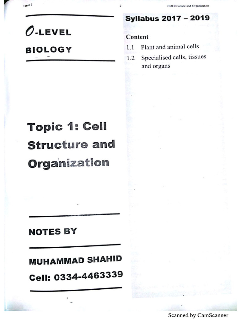 Topic 1 Cell Structure and Organisation | PDF