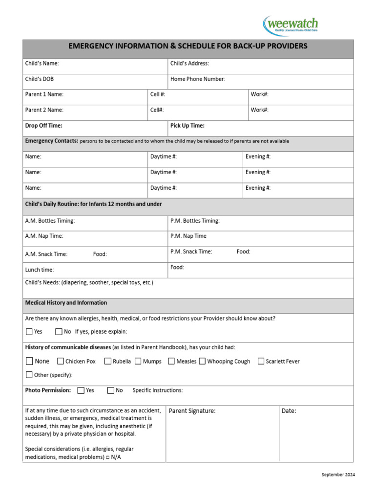 Emergency Back Up Form Sept 2024 | PDF