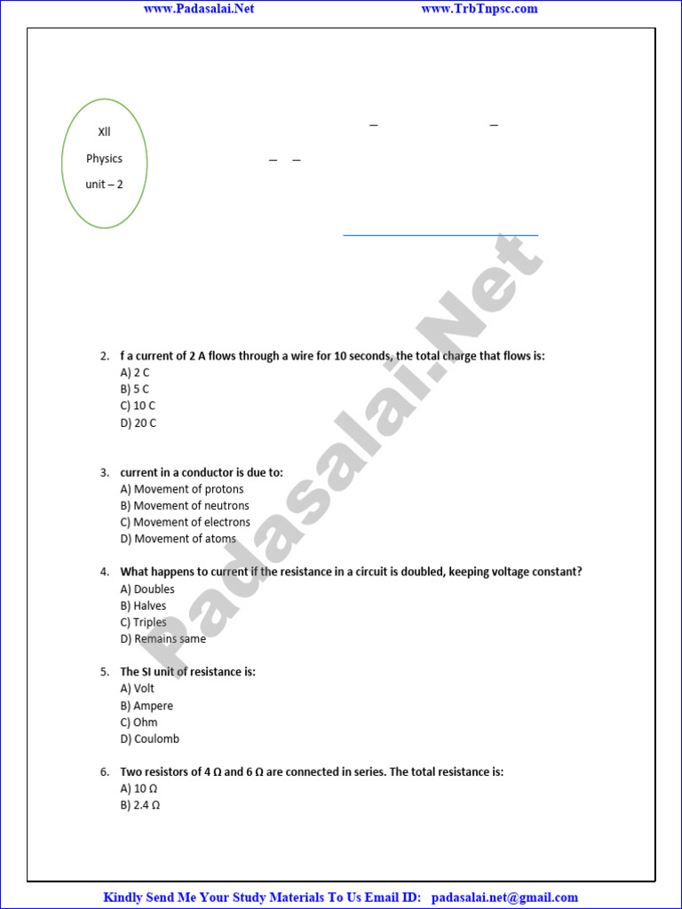 12th Physics Unit 2 Creative Questions English Medium PDF Download ...