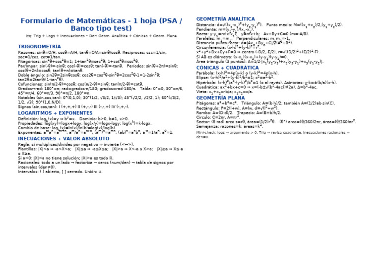 Formulario Mate PSA 1hoja | PDF | Geometria clasica | Geometría analítica