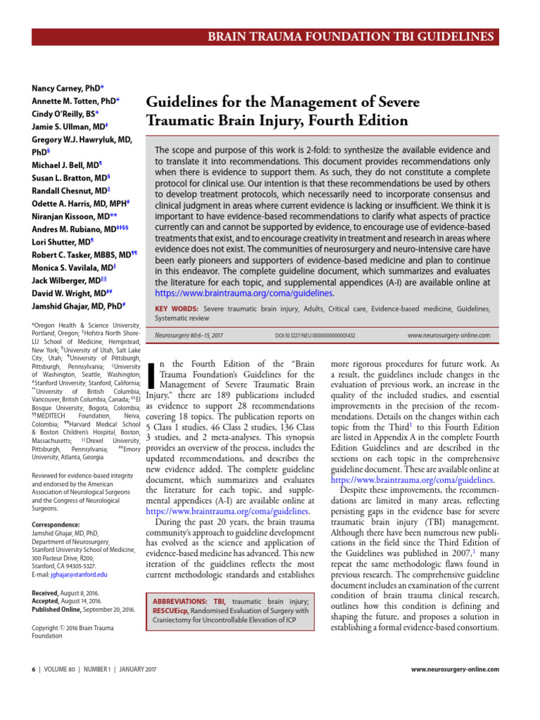 Guidelines For The Management of Severe Traumatic Brain Injury, Fourth ...