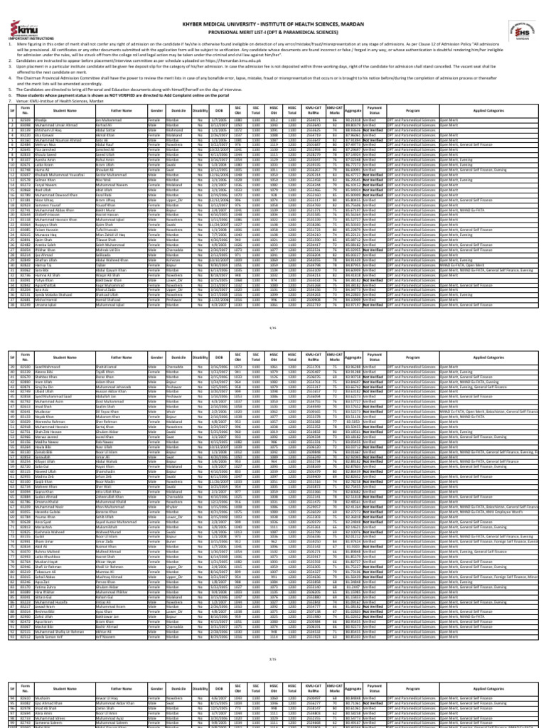 Update Provisional Merit List of DPT & Paramedical Sciences, Kmu-Ihs ...