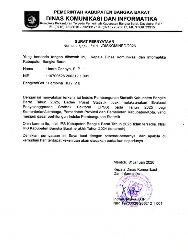 Surat Pernyataan Kadis Kominfo Terkait Nilai Ips Tahun 2025 | PDF