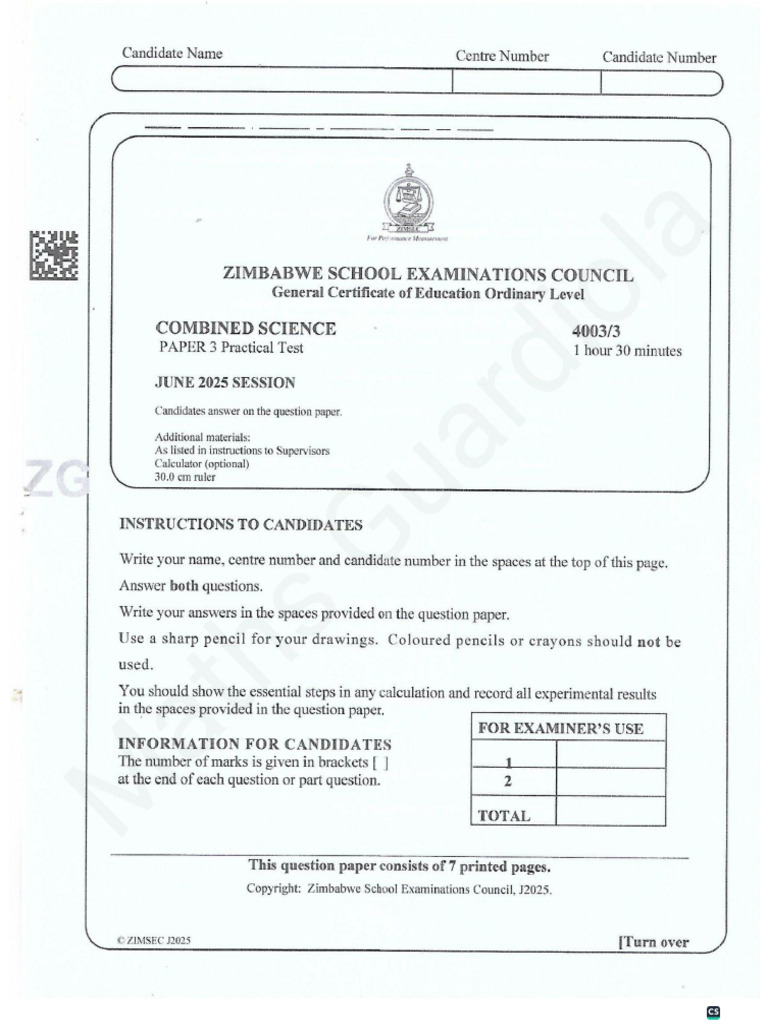 O Level June 2025 Combined Science Paper 3 and INSTRUCTIONS | PDF