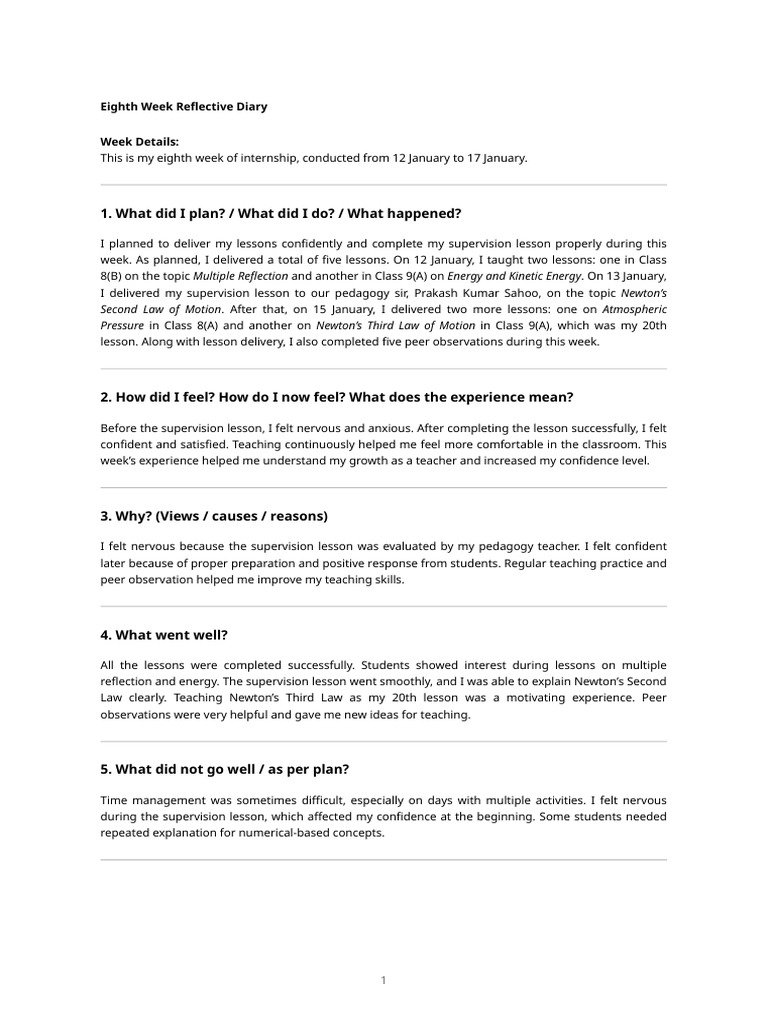 8th Week Reflective Diary | PDF | Teachers | Pedagogy