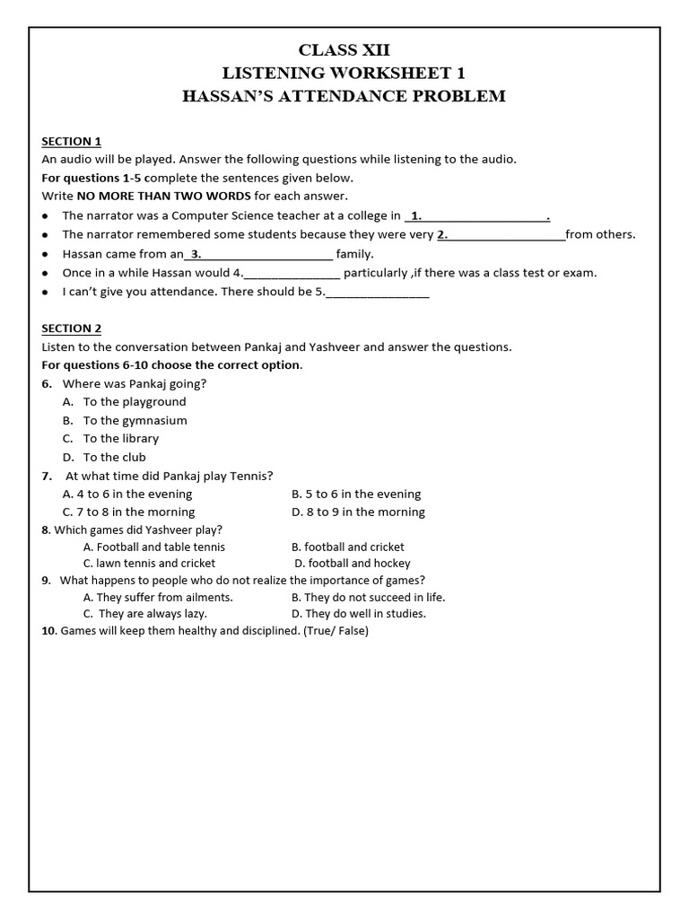 Class 12 Listening Worksheets 2025-26 | PDF