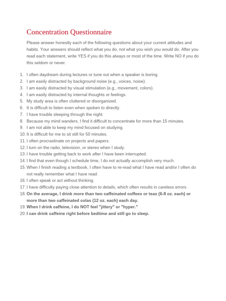 Adapted Questionnaire 2 | PDF | Caffeine | Attention