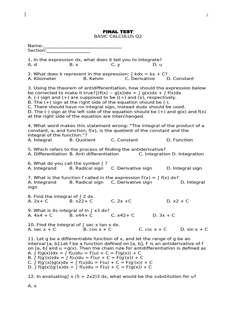 BASIC CALCULUS TEST Q4-DONE | PDF | Integral | Derivative