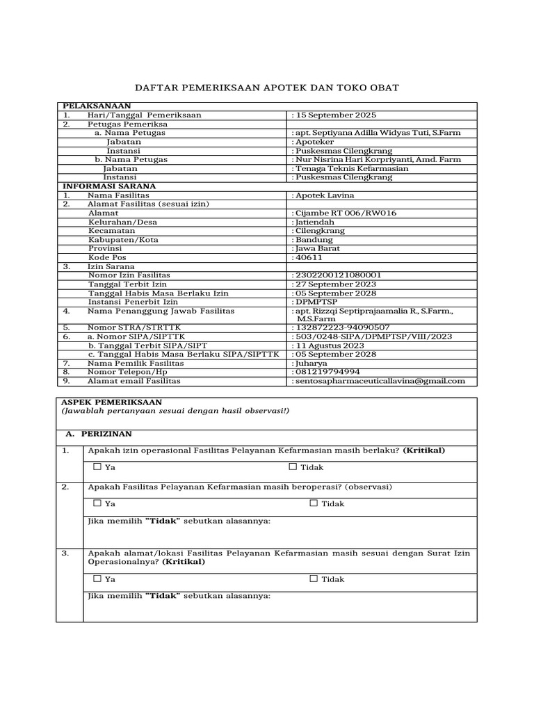 Form Bimwas Dan CAPA Apotek Lavina | PDF