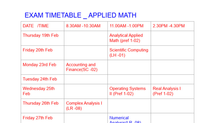 Exam Timetable - Applied Math | PDF