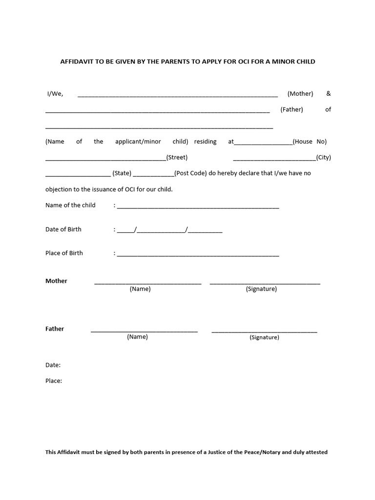 Affidavit For OCI Minor Child | PDF