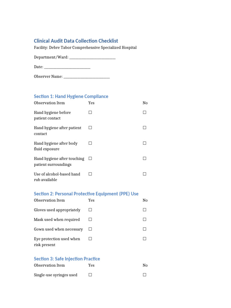 Clinical Audit Checklist Debre Tabor | PDF