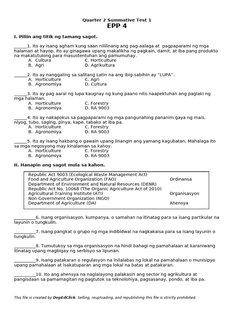 EPP 4 Summative Test Q2 W1-W2 | PDF