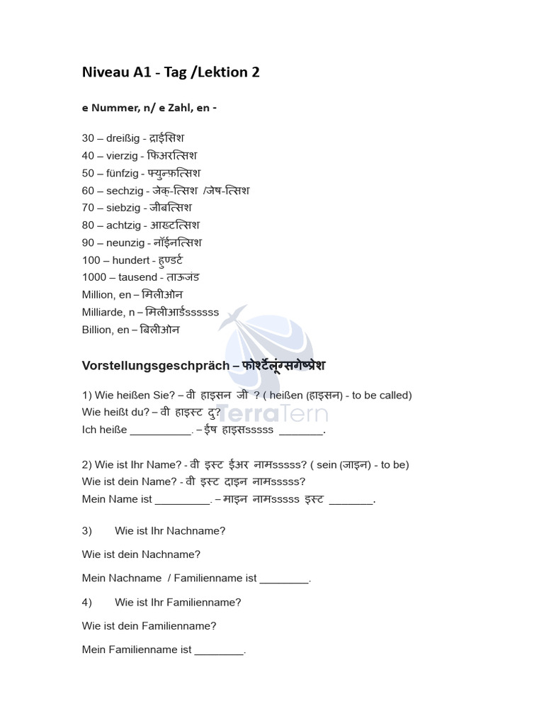 Level A1 - Session 2 | PDF