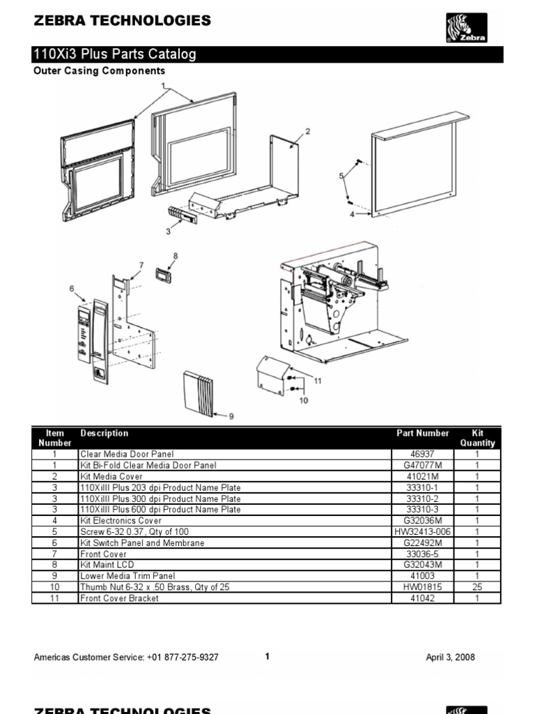 Zebra 110xi3 Parts Catalog | PDF | Equipment | Electrical Engineering