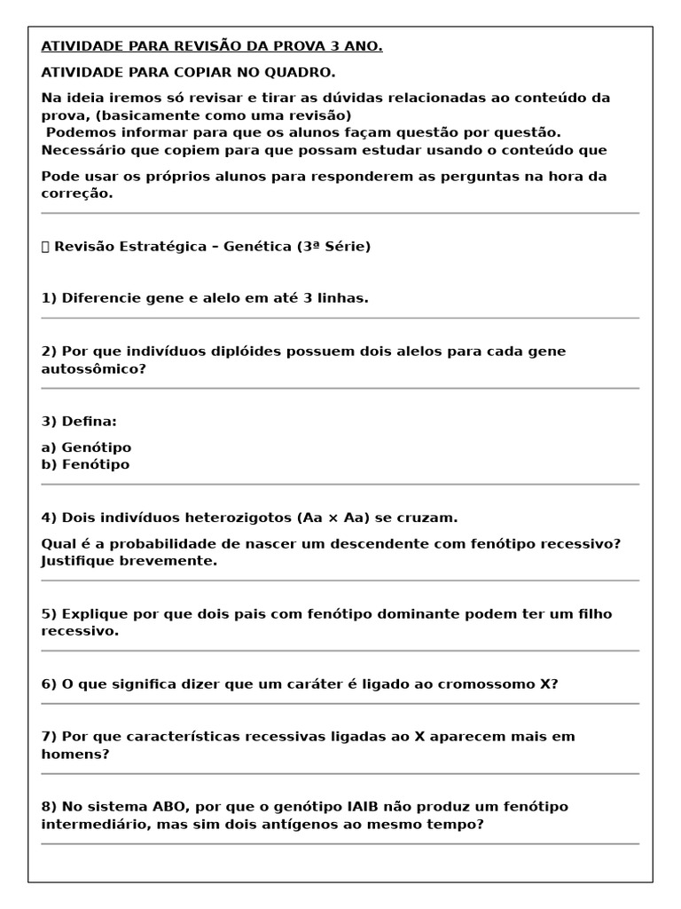 Atividade para Revisão Da Prova 3 Serie | PDF