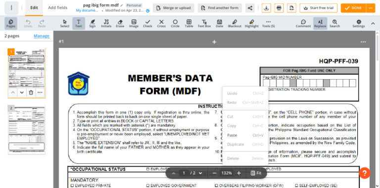 PDFfiller - Pag Ibig Form MDF PDF | PDF
