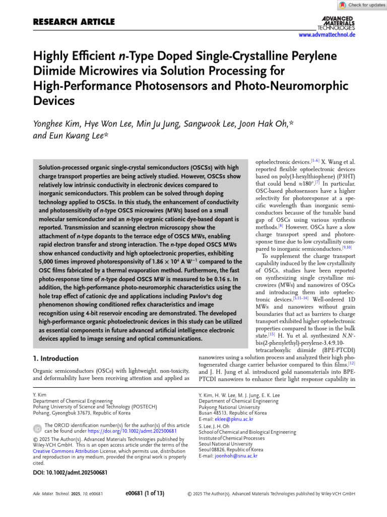 Adv Materials Technologies - 2025 - Kim - Highly Efficient N Type Doped ...