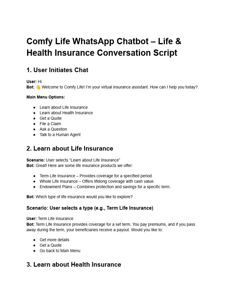 Comfy Life WhatsApp Chatbot – Life & Health Insurance Conversation ...