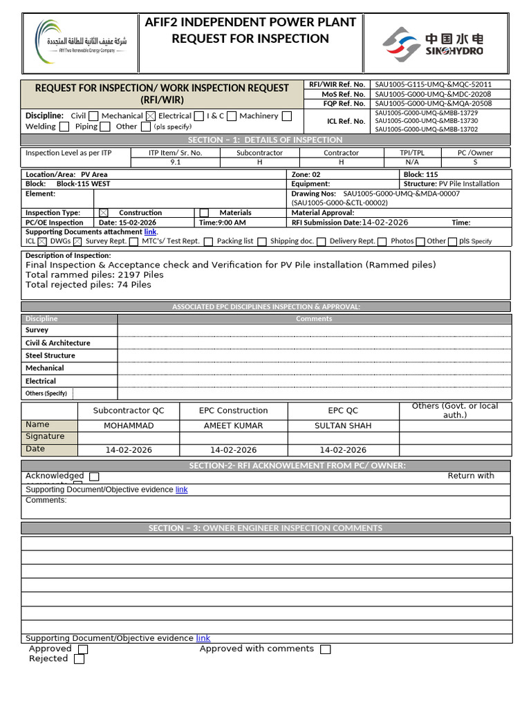 Appendix M - Request For Inspection (Rfi) Format | PDF | Quality ...