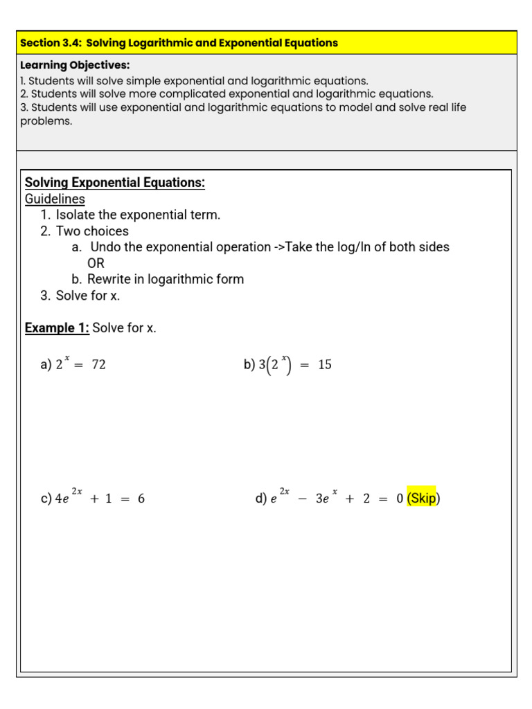 3.4 Notes - Solving Logarithmic and Exponential Equations | PDF