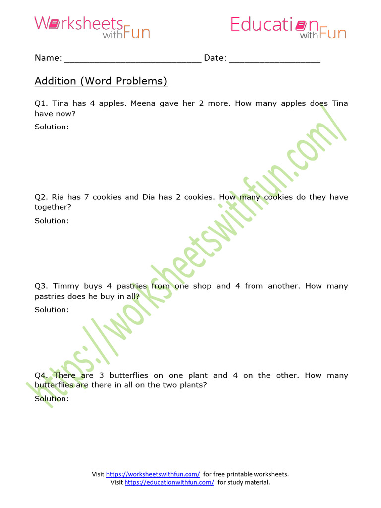 Addition - Word Problems Worksheet 1 | PDF