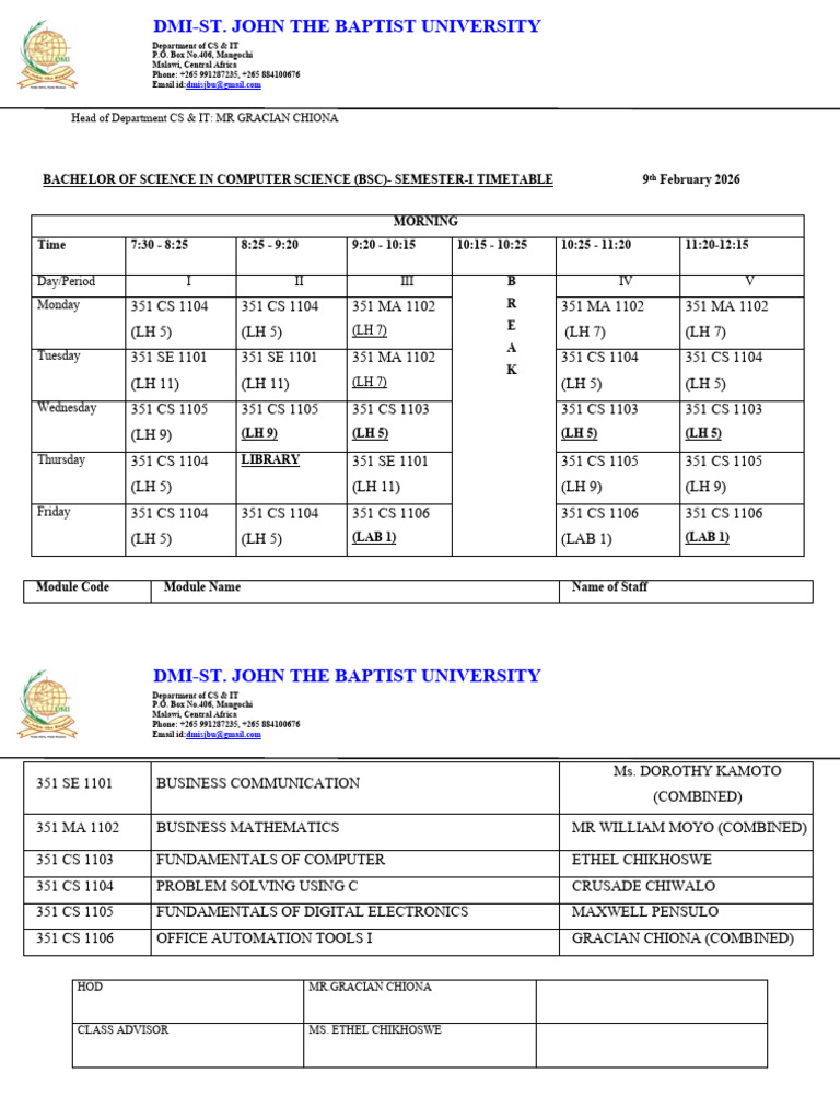 February 2026 First Semester Timetable | PDF | Computing