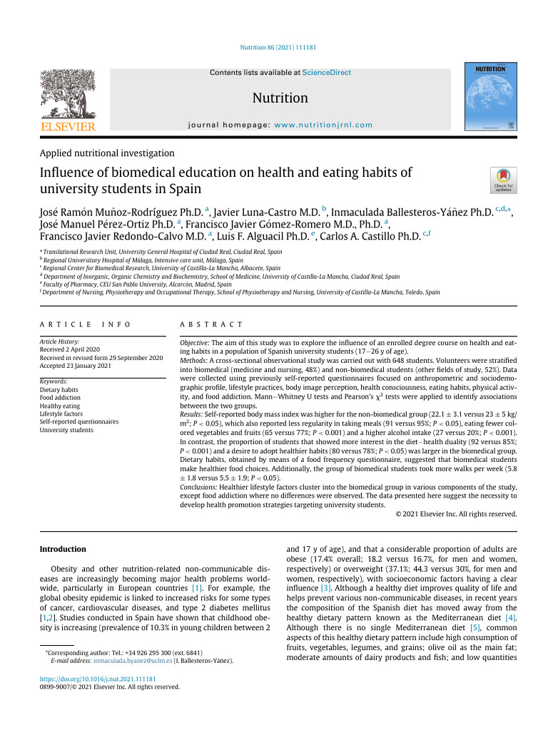 Influence of Biomedical Education On Health and Eating Habits of ...
