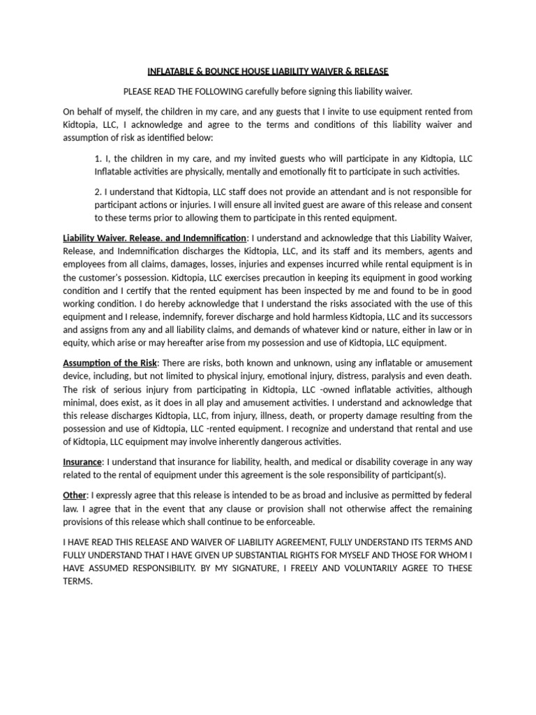 INFLATABLE Bounce House Waiver 9-25 | PDF | Indemnity | Private Law