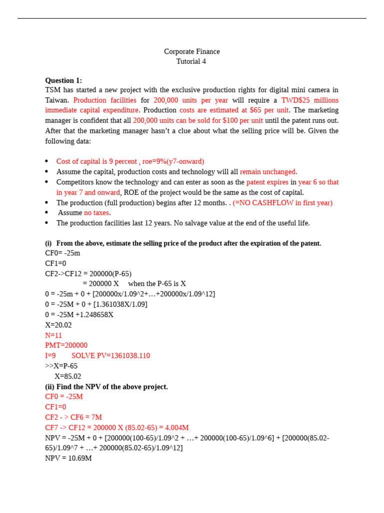 Corporate Finance Tutorial 4 | PDF | Net Present Value | Financial ...