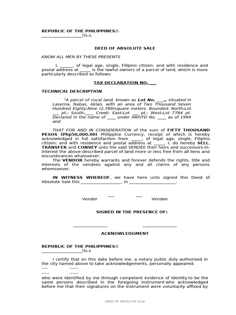 Deed of Absolute Sale Sample | PDF | Legal Documents | Private Law