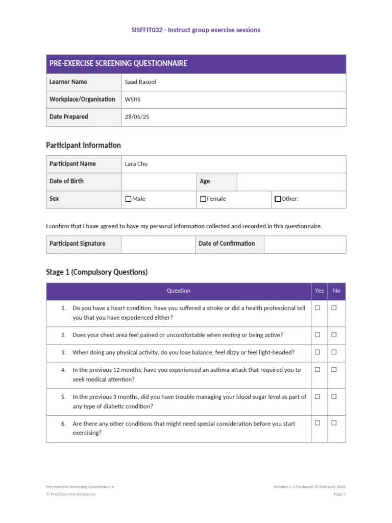 SISFFIT032-Pre Exercise Screening Questionnaire v1 Lara Chu | PDF ...