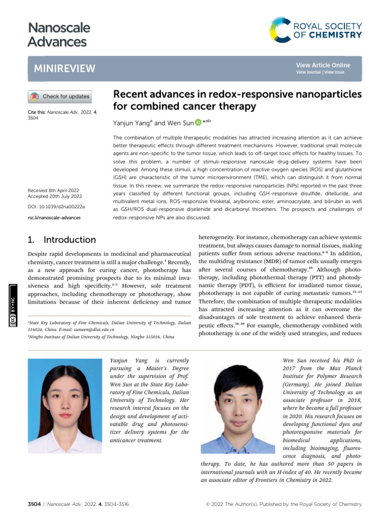 Recent Advances in Redox-Responsive Nanoparticles | PDF