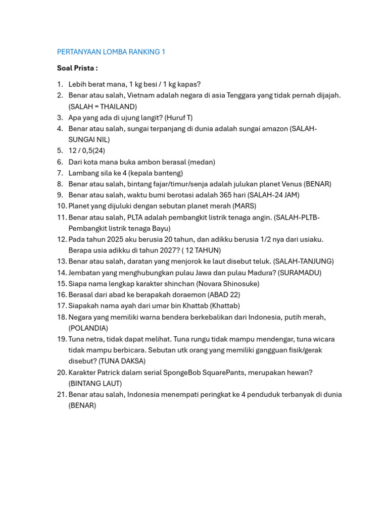 Pertanyaan Lomba Ranking 1 | PDF