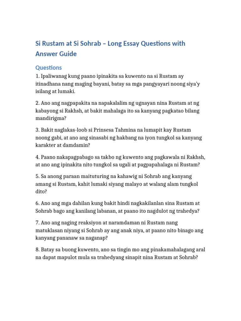 Rustam Sohrab Long Essay Questions With Answer Guide | PDF