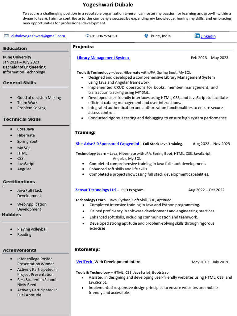 Yogeshwari Dubale-Resume | PDF | Java (Programming Language) | Java Script
