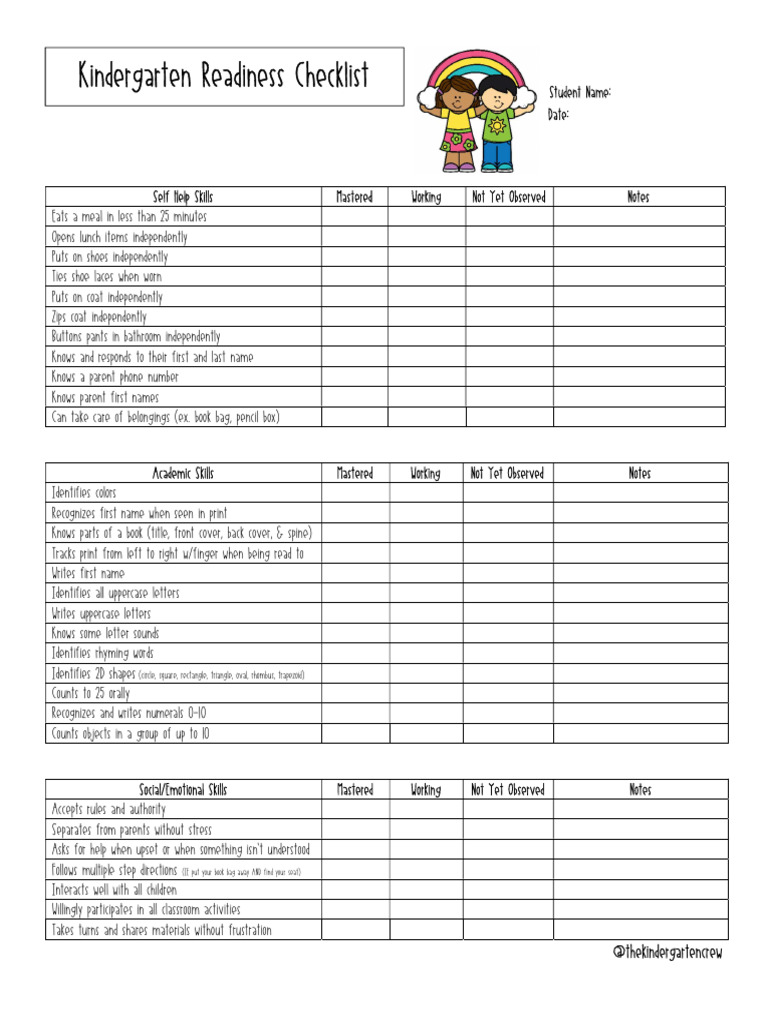Kindergarten Readiness Checklist: @thekindergartencrew | PDF