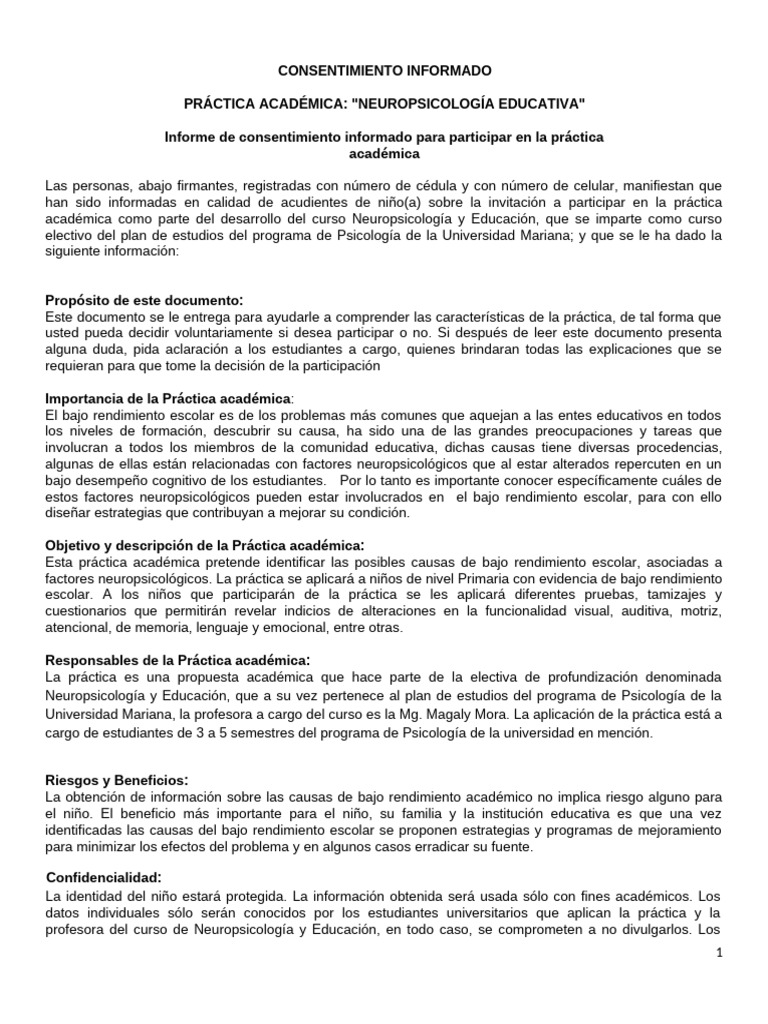 Consentimiento Informado Práctica Acdémica | PDF | Plan de estudios ...